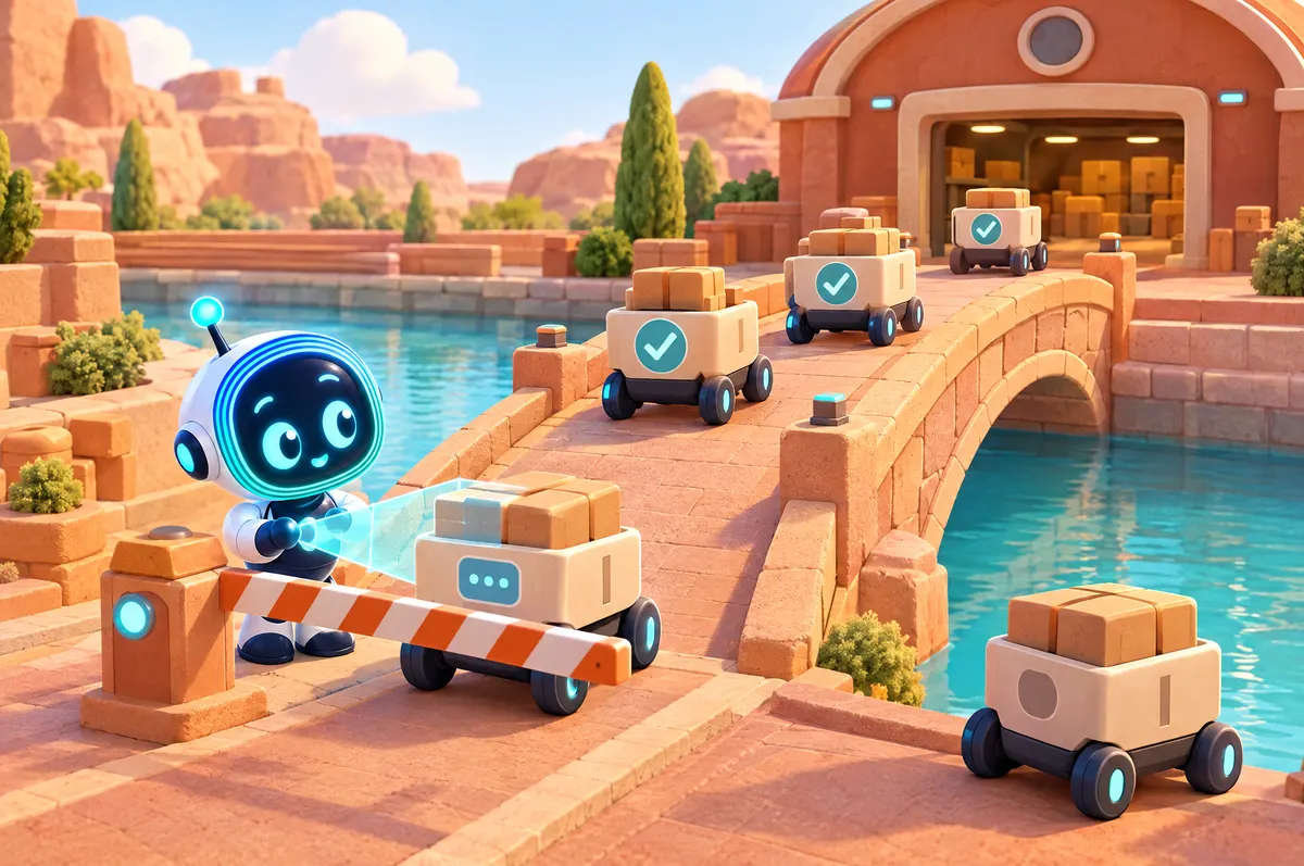 3D cartoon: O-bot scans delivery carts at a gate before a bridge; checked carts cross with check badges, one waits aside.