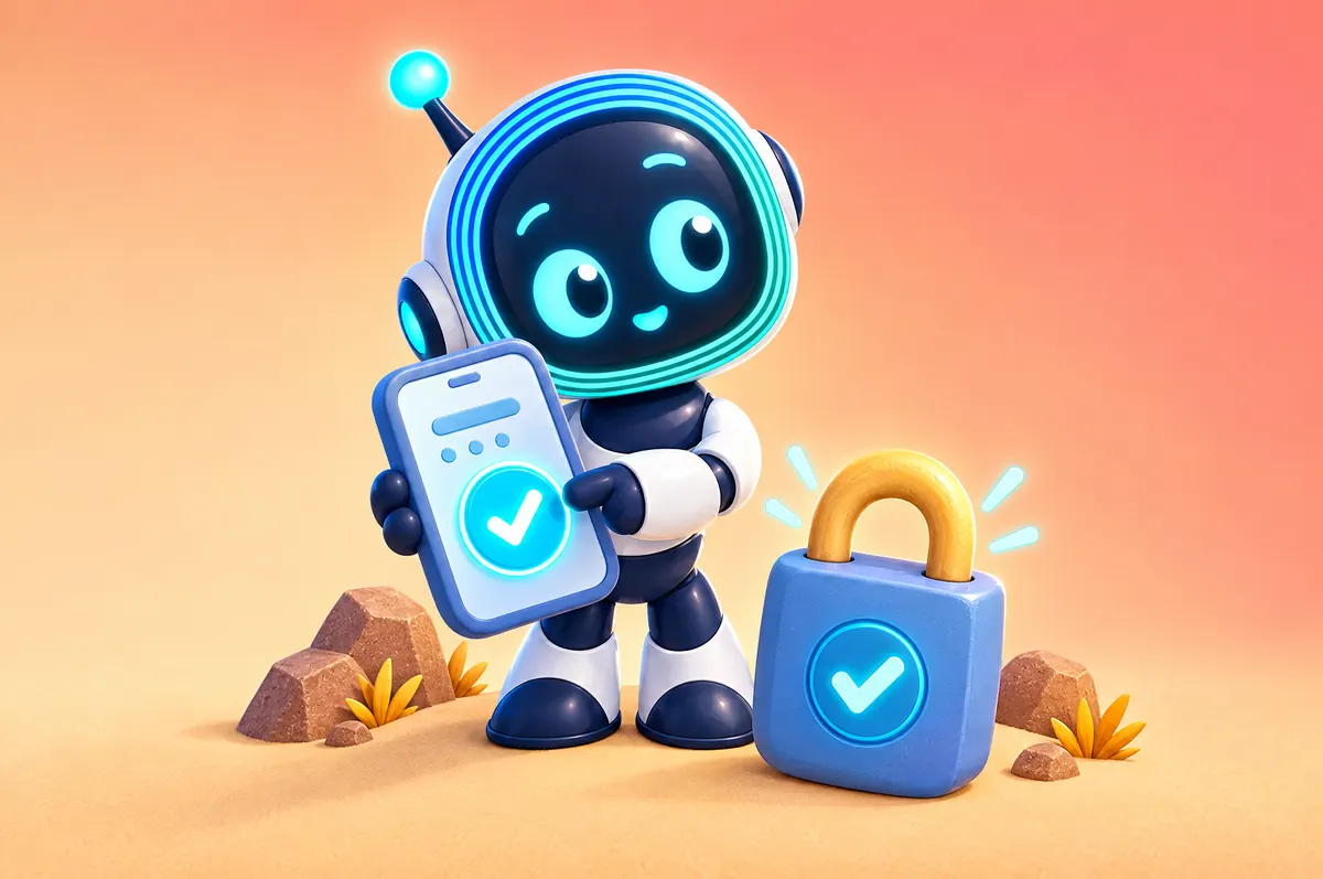 رسم ثلاثي الأبعاد: O-bot يضغط علامة صح مضيئة على هاتف كبير بينما يُقفل قفل بجانبه.