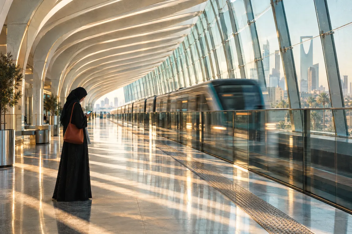 A woman in a black abaya and hijab reads her phone on a sunlit metro platform under curved white ribs as a train arrives.