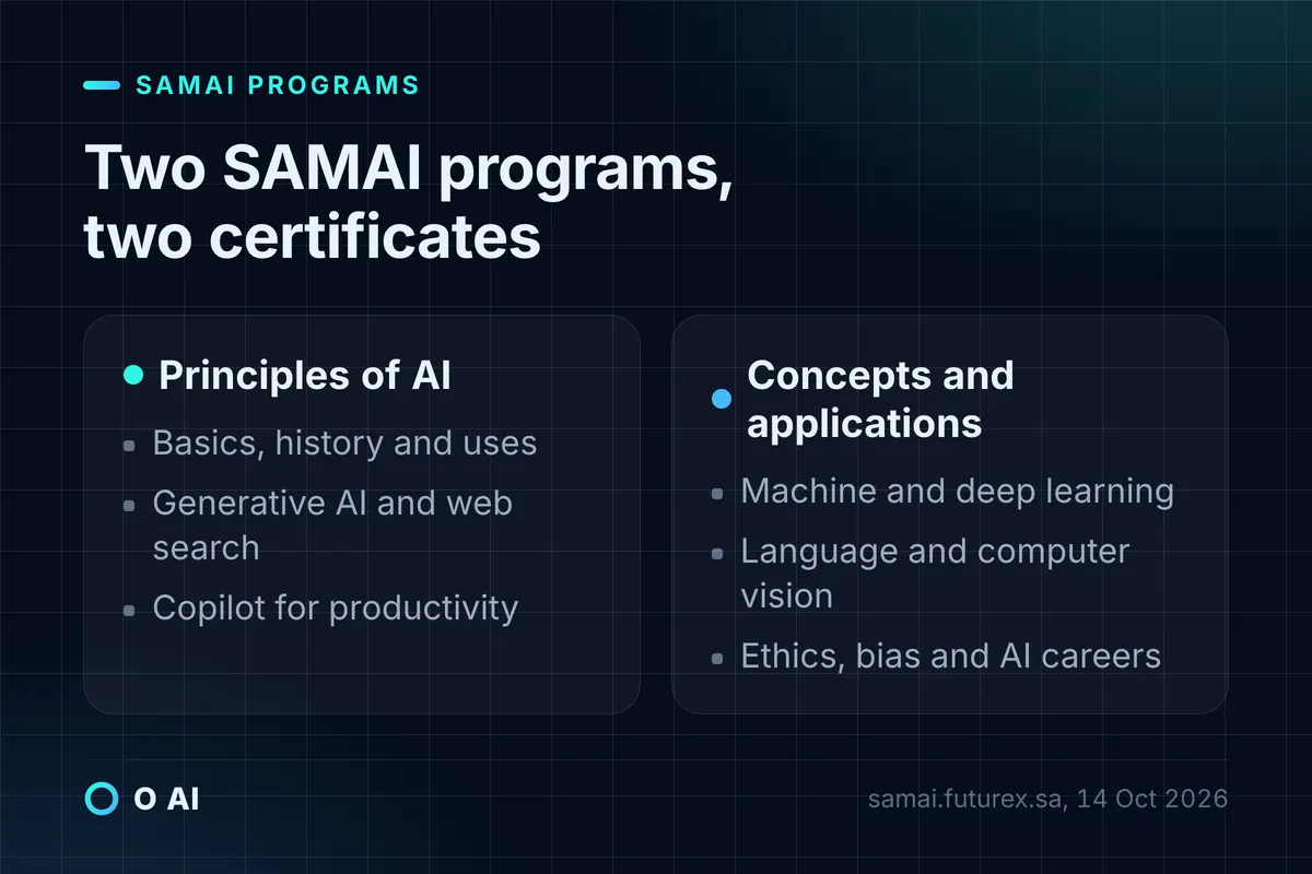 Card: SAMAI's two programs, Principles of AI and AI Concepts and Advanced Applications, and the topics of each.