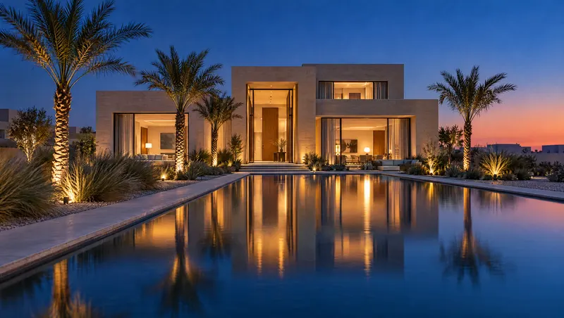 A modern stone villa at blue hour, its lit windows mirrored in a long reflecting pool framed by young palms.