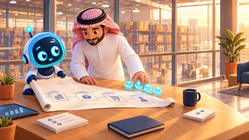 3D cartoon: O-bot unrolls a blueprint of connected business blocks while a Saudi owner in a thobe weighs glowing checkpoints.