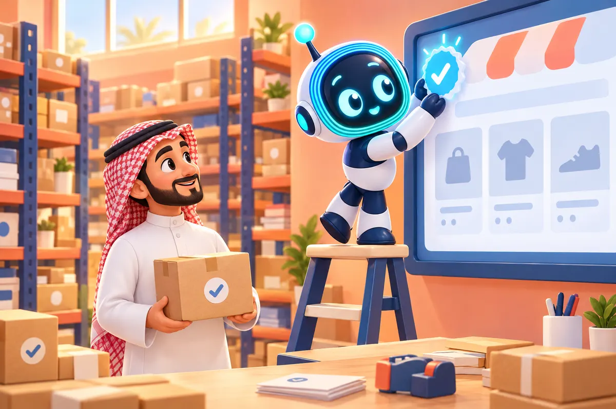 رسم ثلاثي الأبعاد: O-bot يثبّت شارة مضيئة بعلامة صح على شاشة متجر، وصاحب المتجر يحمل طردًا ويتابع.