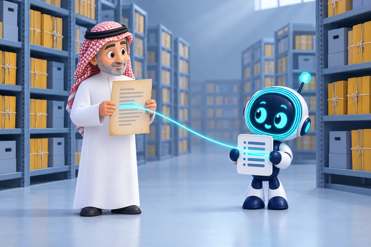 Cartoon: in a records archive, an older Saudi clerk holds a yellowed page; a cyan thread links one line to O-bot's tablet.