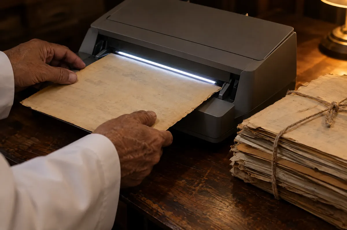 Close-up of an older man's hands in white sleeves feeding a yellowed page into a lit scanner beside a string-tied bundle.
