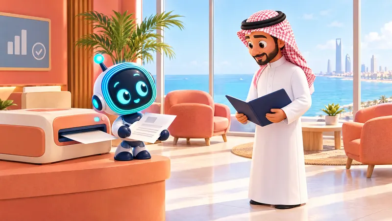 3D cartoon: O-bot lifts a printed page from a printer as a Saudi businessman waits with an open folder by a sea window.