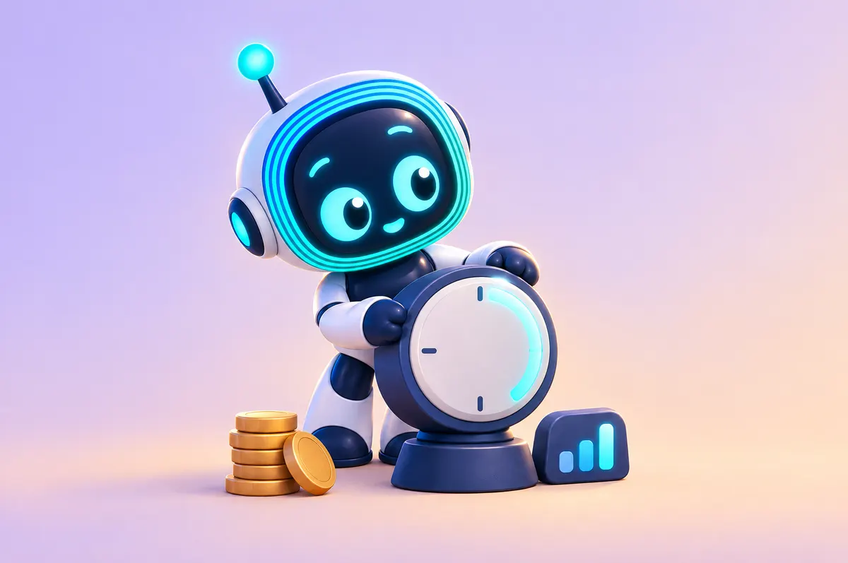 3D cartoon: O-bot carefully turning a large dial with blank tick marks beside a small stack of coins.