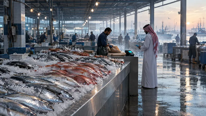 سوق سمك عند الفجر: أسماك على الثلج وجهاز بطاقات على الطاولة وعميل بالشماغ يمسك جواله.