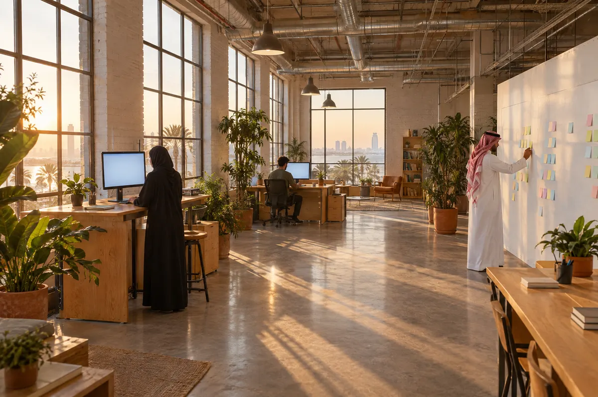 Sunlit warehouse software studio: a man in a shemagh arranges blank sticky notes as colleagues work at glowing monitors.