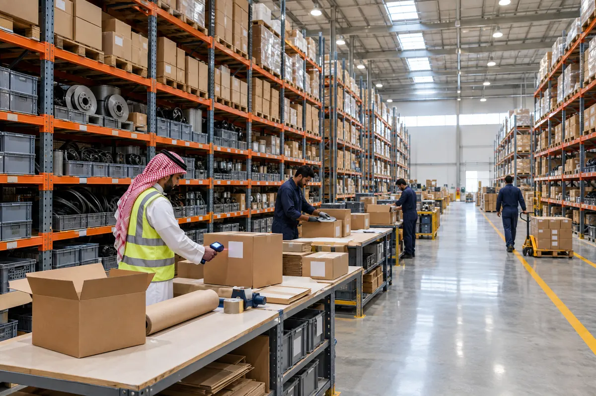Spare-parts warehouse: a worker in a thobe, shemagh and hi-vis vest scans a carton while others pack and move pallets.