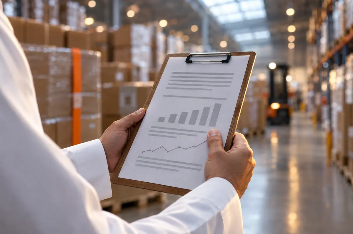 Close-up of hands in white thobe cuffs holding a clipboard with one printed page, warehouse cartons blurred behind.