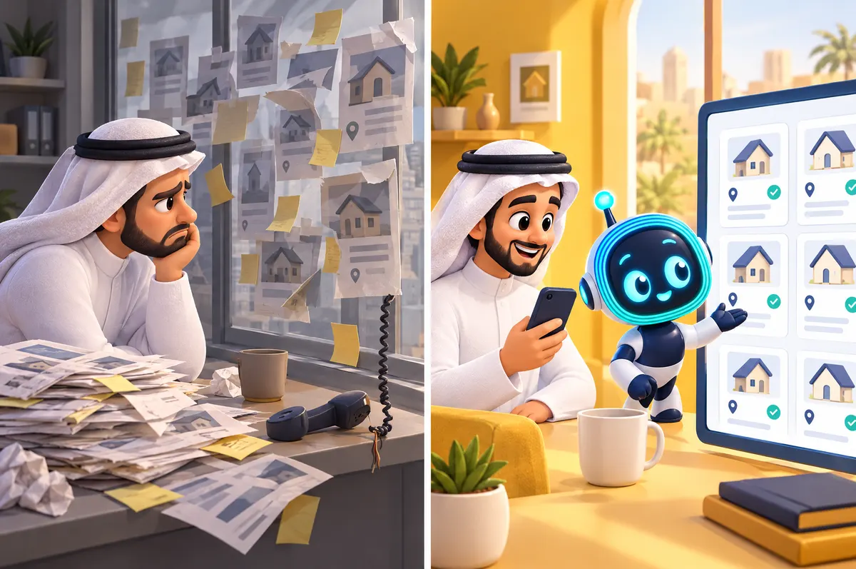 3D cartoon split scene: a man frowning at a window of messy flyers, then smiling as O-bot shows a tidy screen of listings.