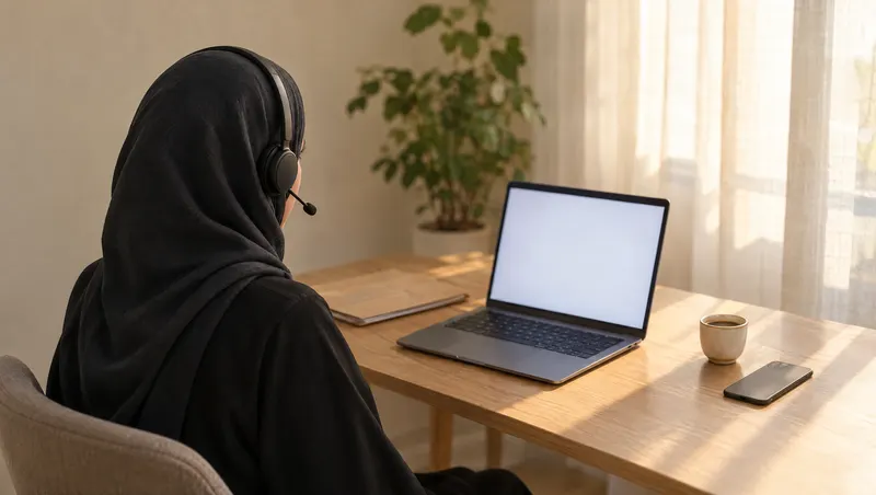 Seen from behind, a woman in an abaya and hijab wears a headset at a laptop with a blank glowing screen in a sunlit room.