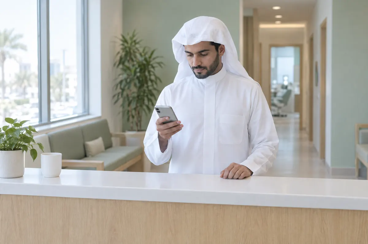 A receptionist in a white thobe and ghutra stands at a clinic front desk in daylight, looking down at the phone in his hand.