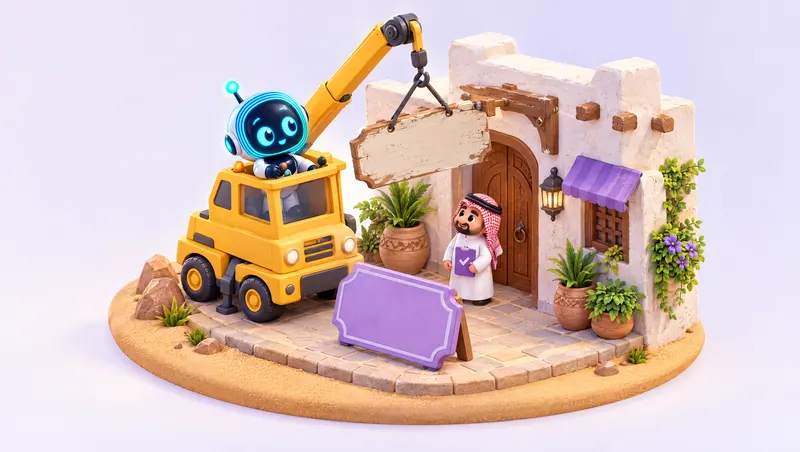 Isometric 3D diorama: O-bot in a tiny crane lifts an old blank sign off a corner shop as a new lavender sign waits below.