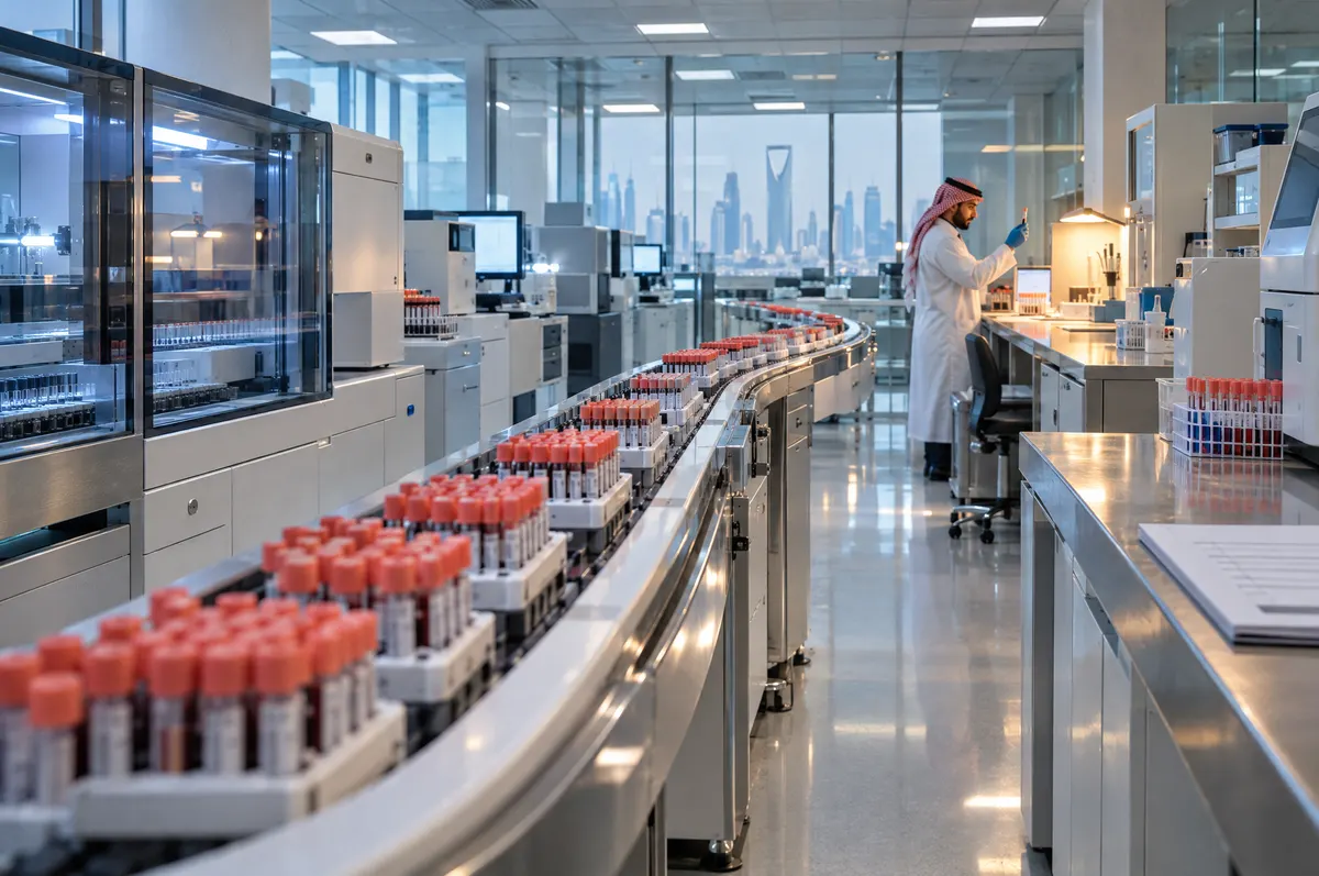 Wide view of a hospital lab where an automated track carries test tubes toward a specialist checking one tube by hand.