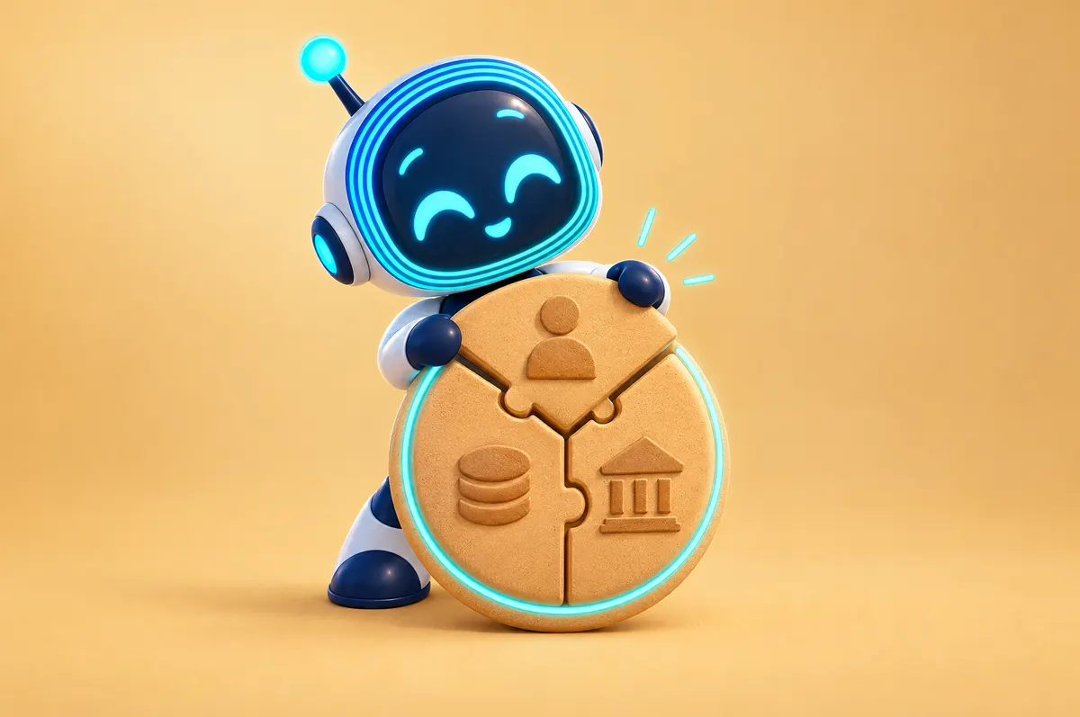 3D cartoon: O-bot holds a round seal of puzzle pieces with person, coin and building icons, ringed with cyan light.