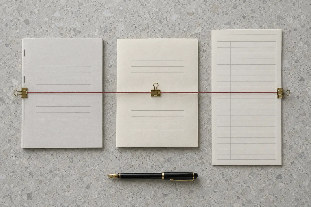 Top-down view of a contract, a letter and a register sheet on grey terrazzo, linked across one line by a red thread.