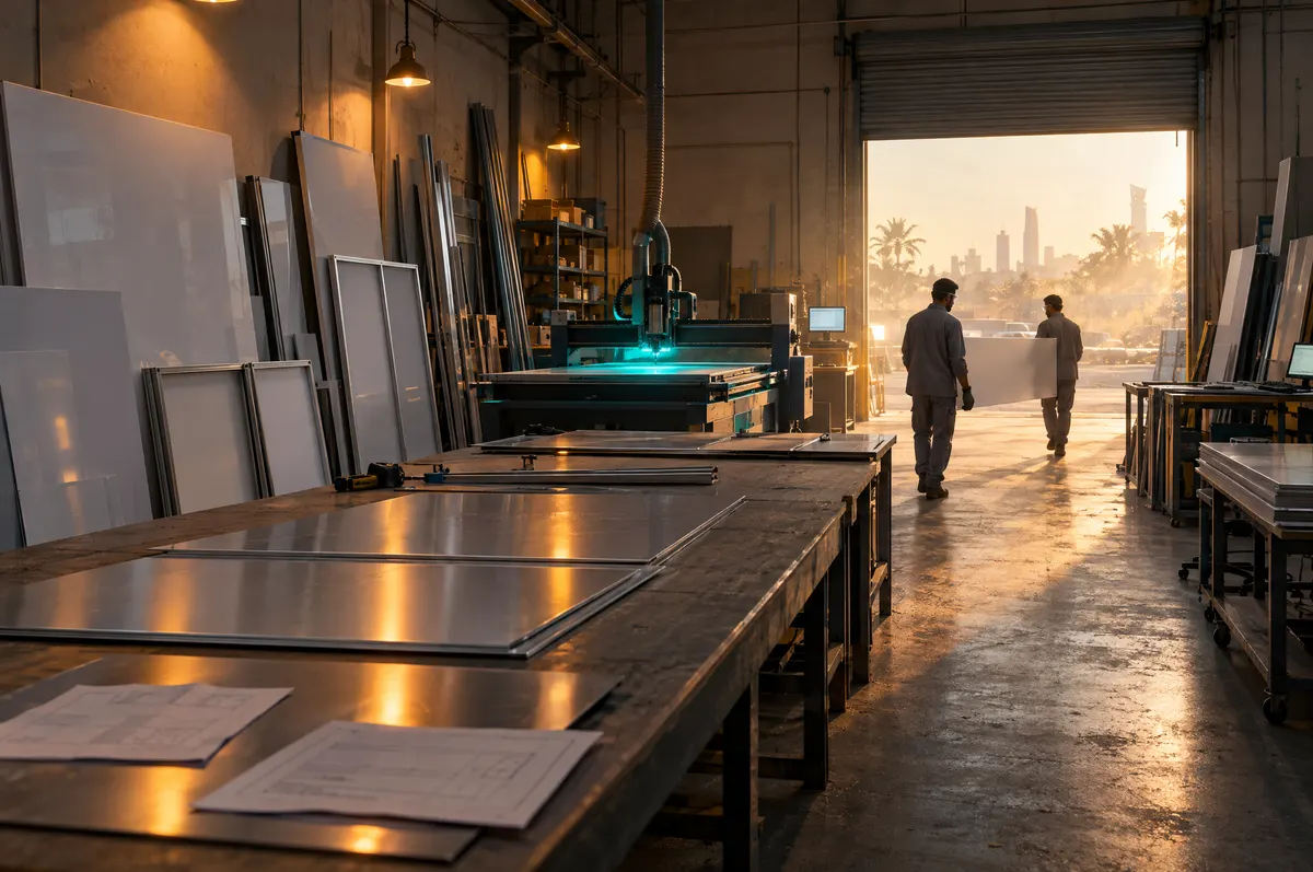 Wide view of a sign workshop: workers carry a blank panel past empty light-box frames toward a sunlit roller door.