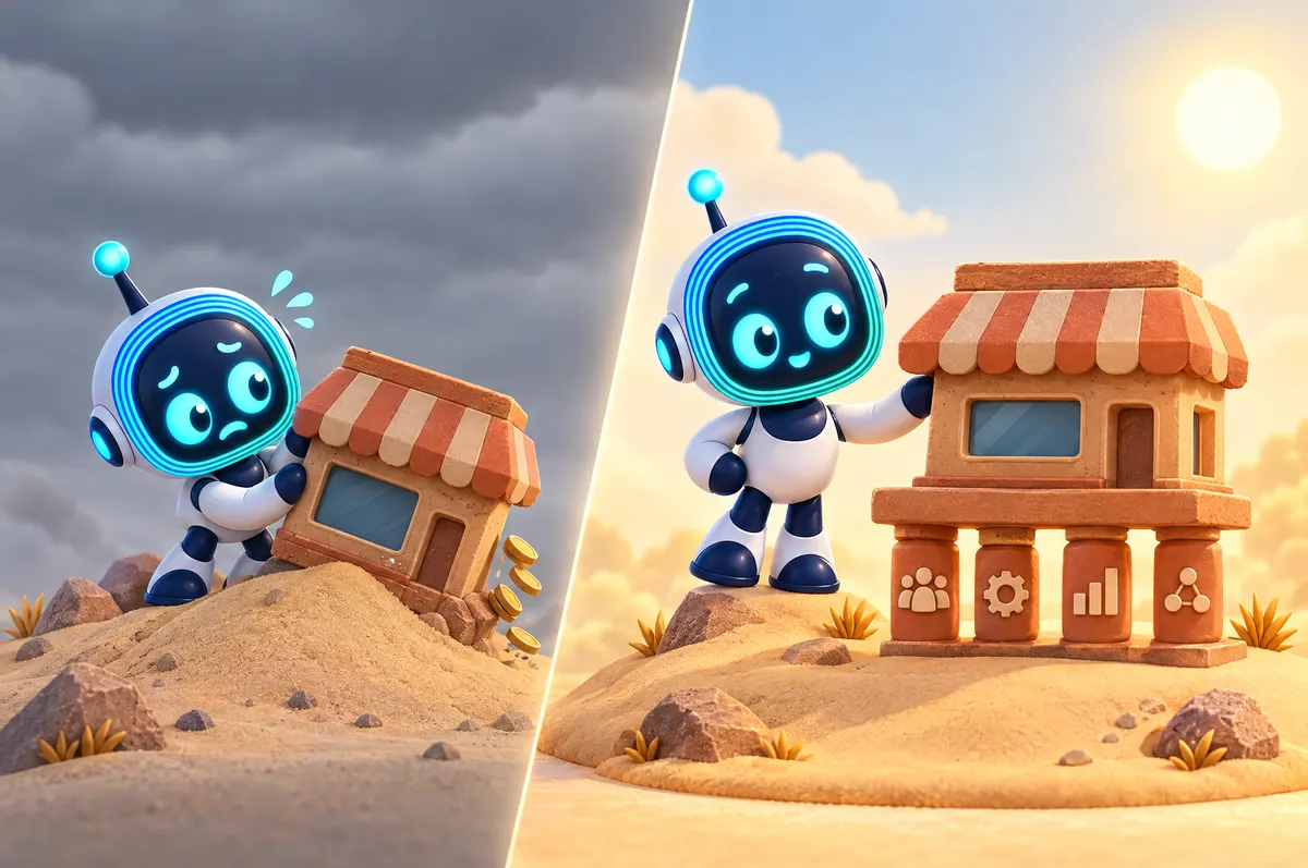 3D cartoon split scene: O-bot props up a leaning clay shop on sand, then stands by it resting on four icon pillars.