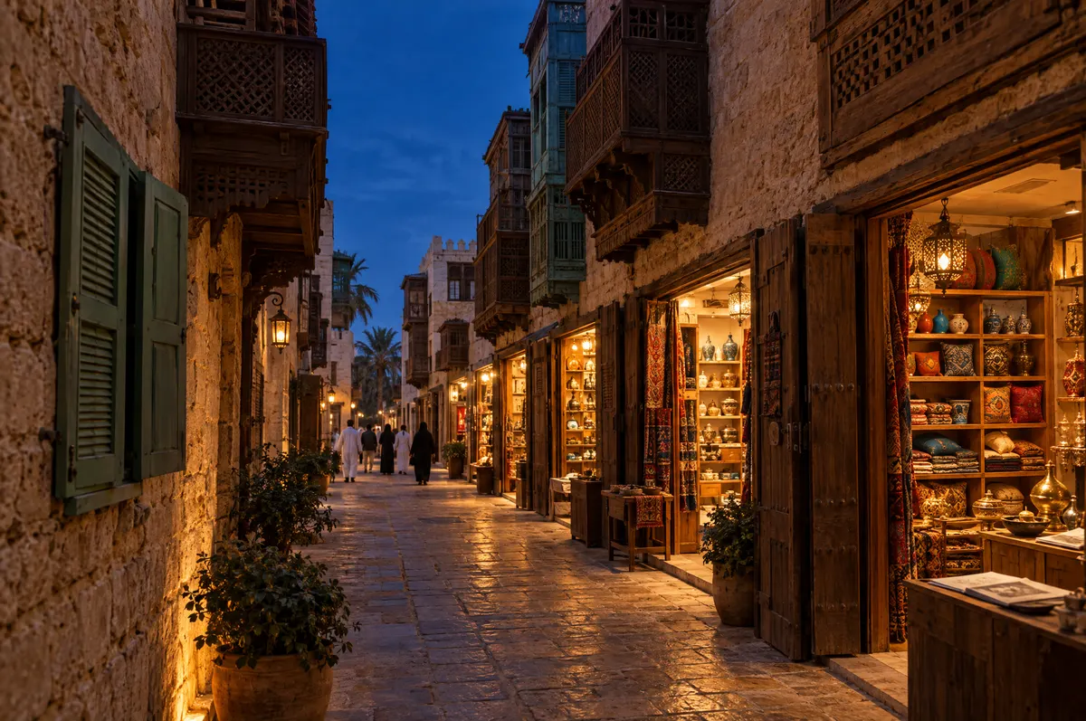 Blue-hour lane of coral-stone houses with wooden balconies in Jeddah, small shops glowing warm at the far end.