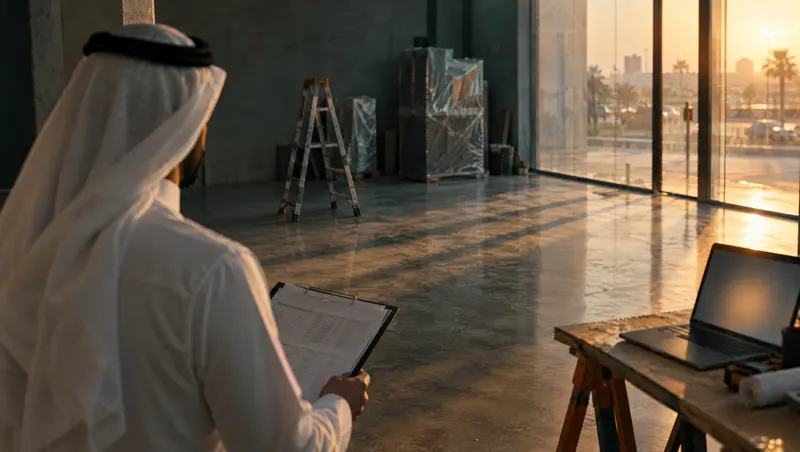Over-the-shoulder view of a Saudi man in a thobe holding printed tables inside an empty shop being fitted out.