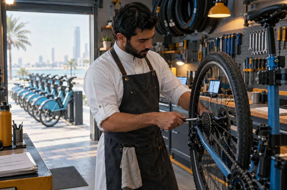 A Saudi man in a thobe and apron fixes a bicycle wheel in a repair workshop, with a row of rental bikes behind him.