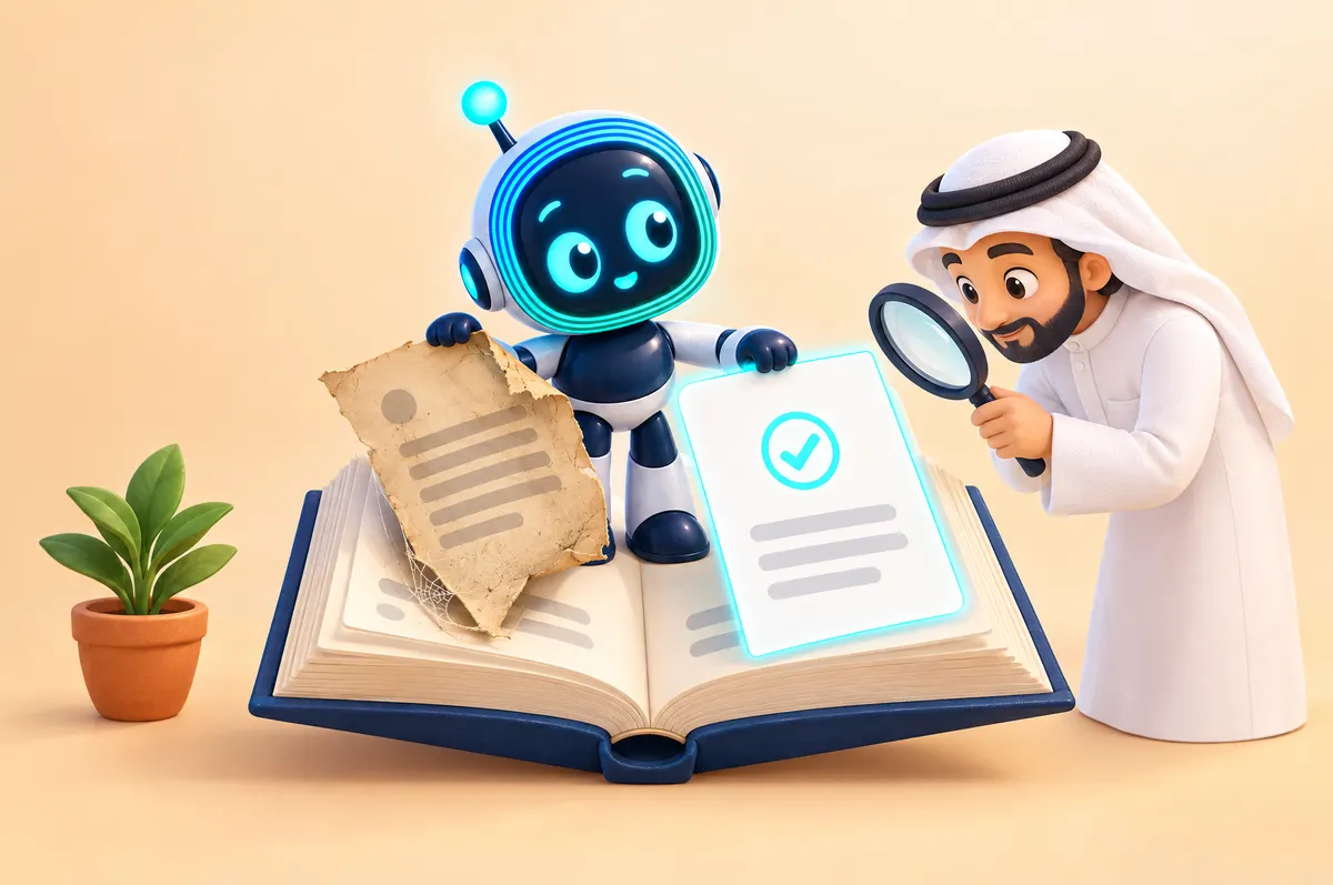 Cartoon: O-bot swaps a torn, cobwebbed page in a book for a fresh checked one as a Saudi lawyer inspects it with a magnifier.
