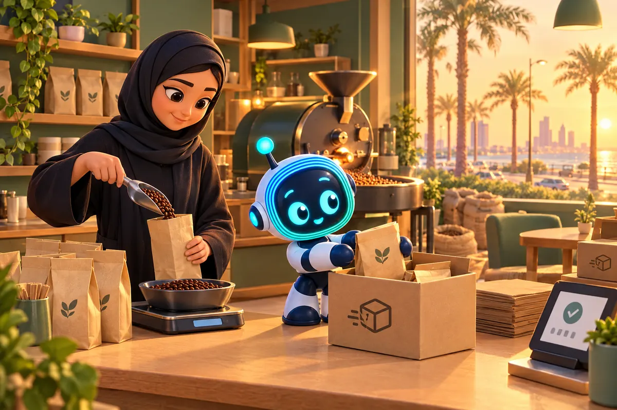 3D cartoon: a café owner in an abaya bags roasted coffee while O-bot packs a delivery box, a small roaster behind them.