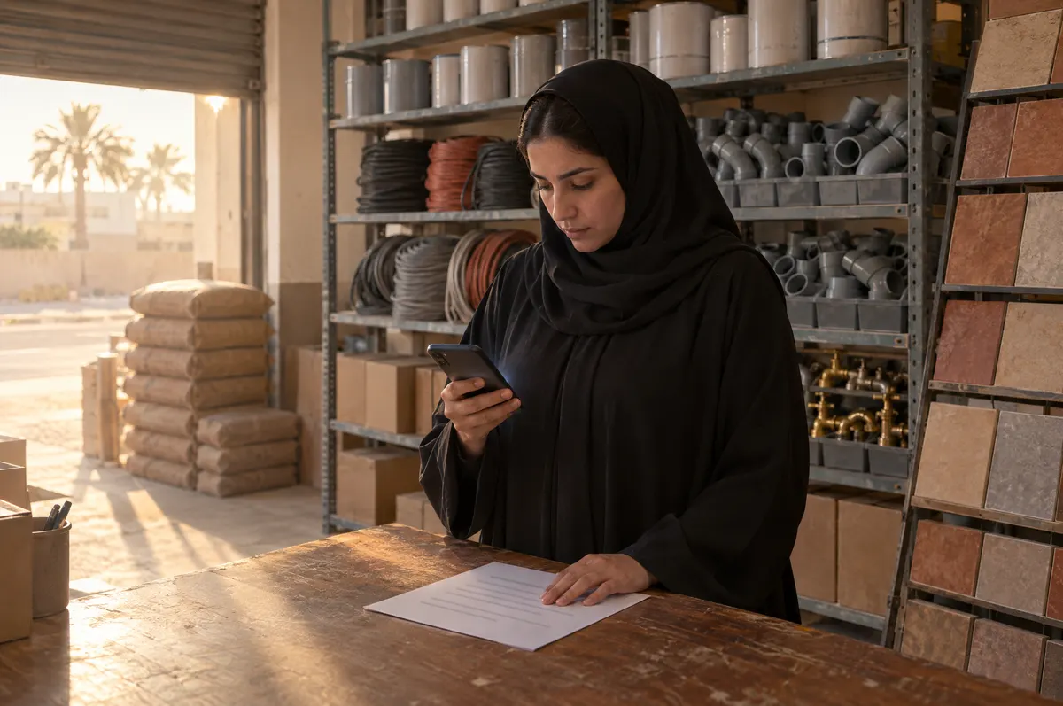 Saudi woman in an abaya looks at her phone at a building-materials shop counter, one hand on a price list.