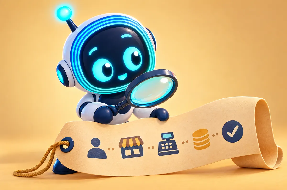 3D cartoon close-up: O-bot inspects a long unrolling price tag through a magnifying glass, revealing small cost icons.