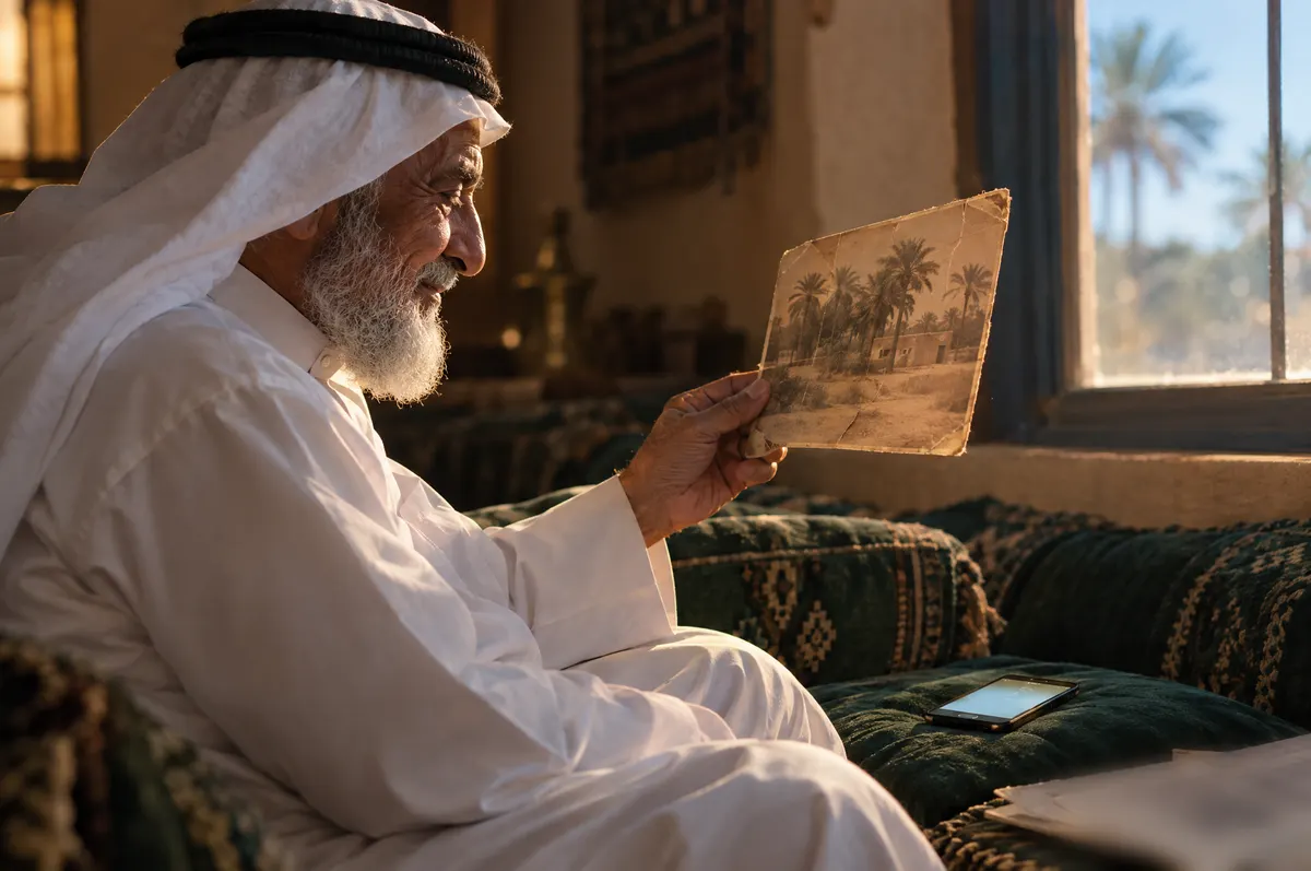 An elderly man in a thobe and ghutra holds an old faded print up to the window light, a glowing phone beside him.
