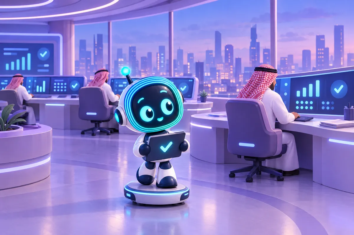 3D cartoon: Saudi analysts at separate consoles in a security operations room while O-bot rolls past with a tablet.