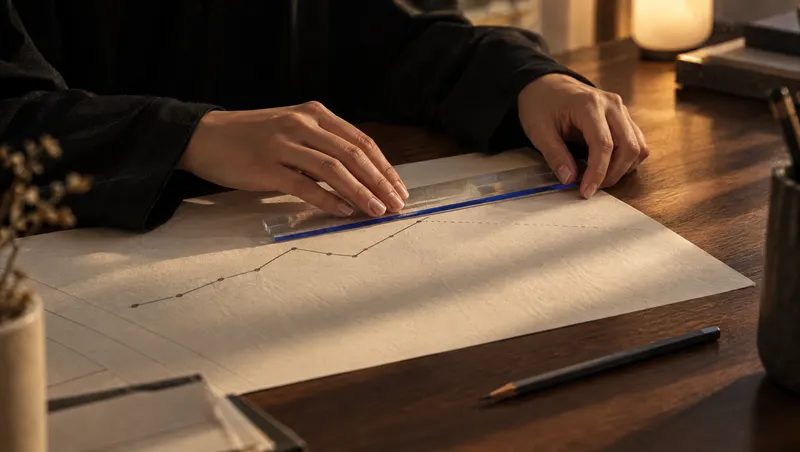 Close-up of hands in black abaya sleeves sliding a clear ruler along a hand-drawn chart whose line turns dotted.