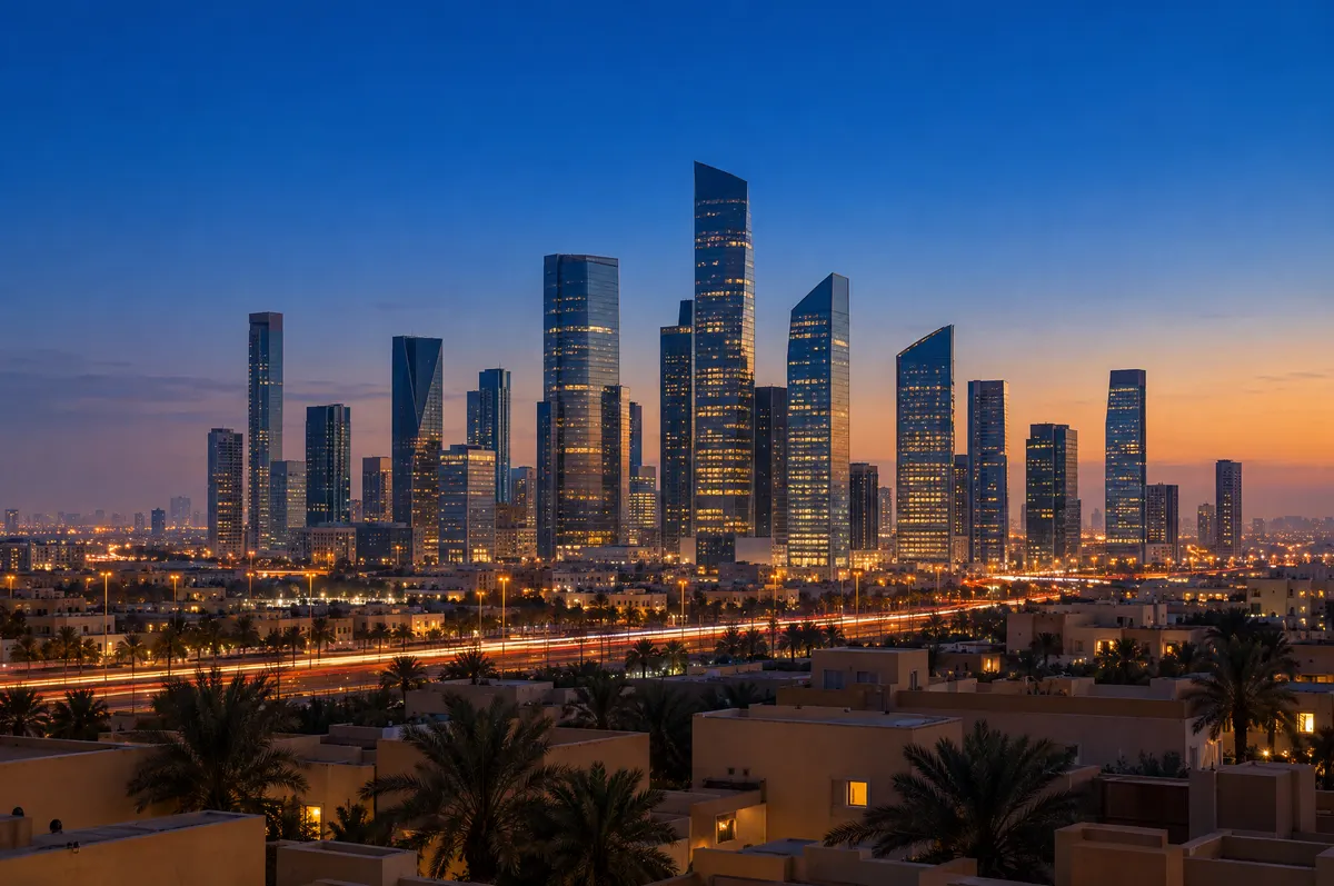 City towers with warm-lit windows under a deep blue dusk sky, above light trails, date palms and low sand-coloured houses.