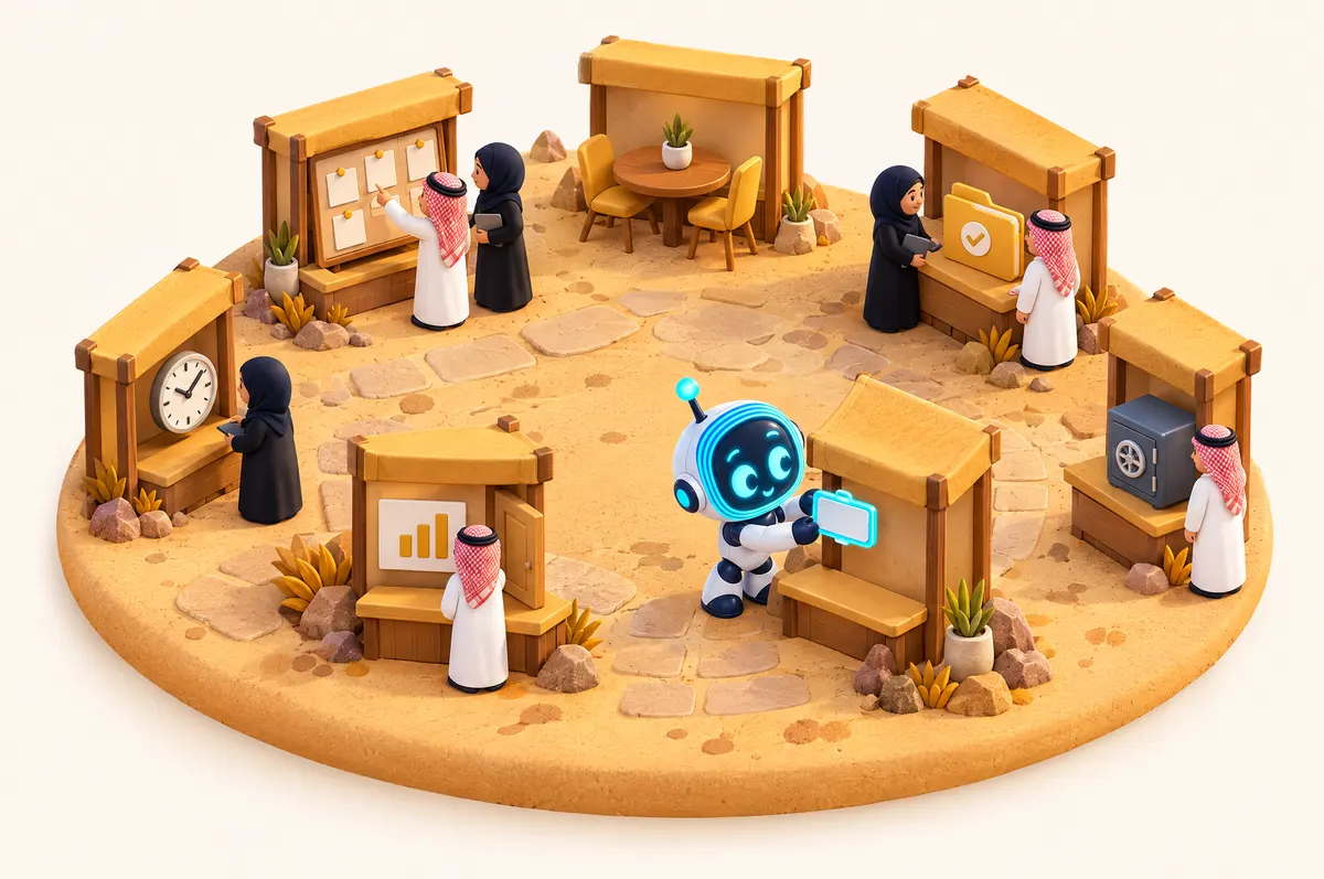 Isometric 3D diorama of a courtyard of small HR kiosks tended by staff, with O-bot tagging the one that is empty.