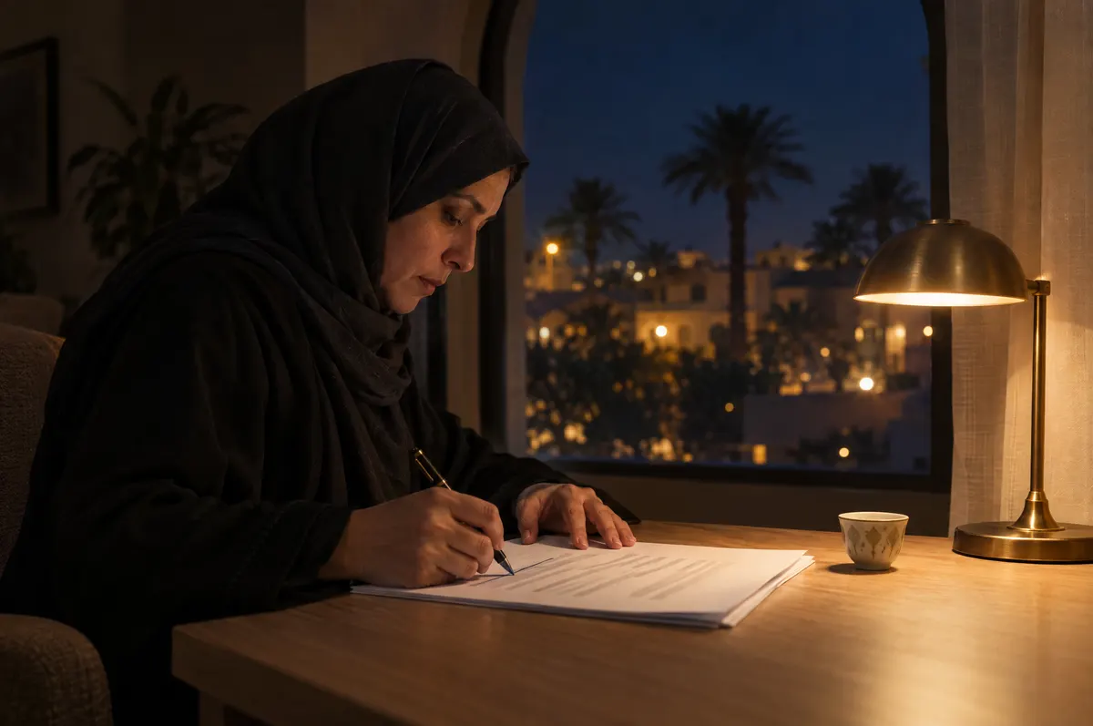 At night in a home study, a Saudi woman lawyer in abaya and hijab strikes through a draft by a brass lamp; palms outside.