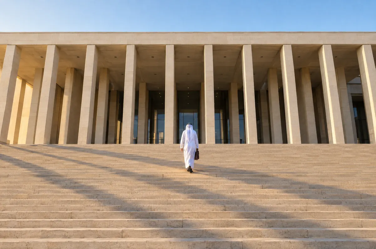 A man in a white thobe and ghutra carries a briefcase up wide stone steps toward a colonnaded building in morning sun.