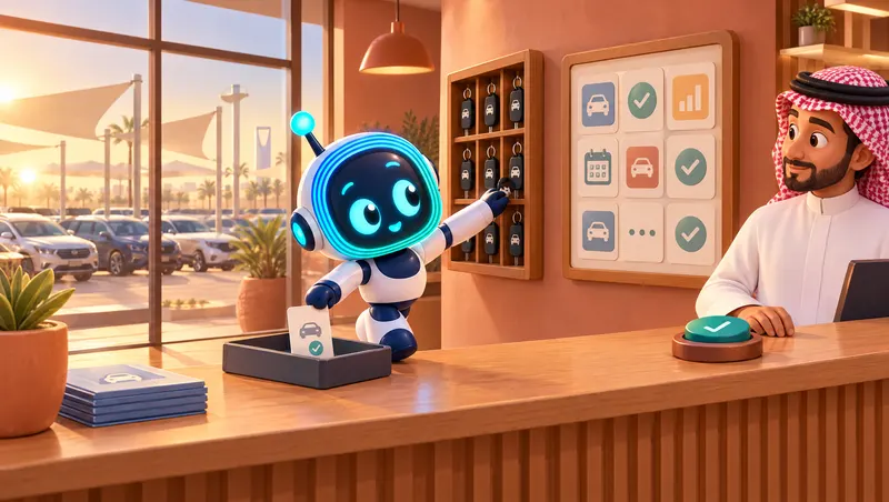 رسم ثلاثي الأبعاد: O-bot يتعامل مع بطاقات الحجز والمفاتيح والتقويم في مكتب تأجير، ومدير بشماغ يراقب.