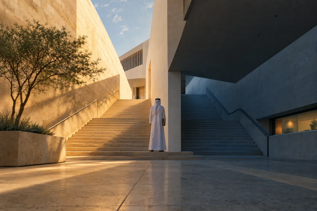 A man in a thobe stands at the foot of two stone staircases, one in warm sun and one in cool shade.