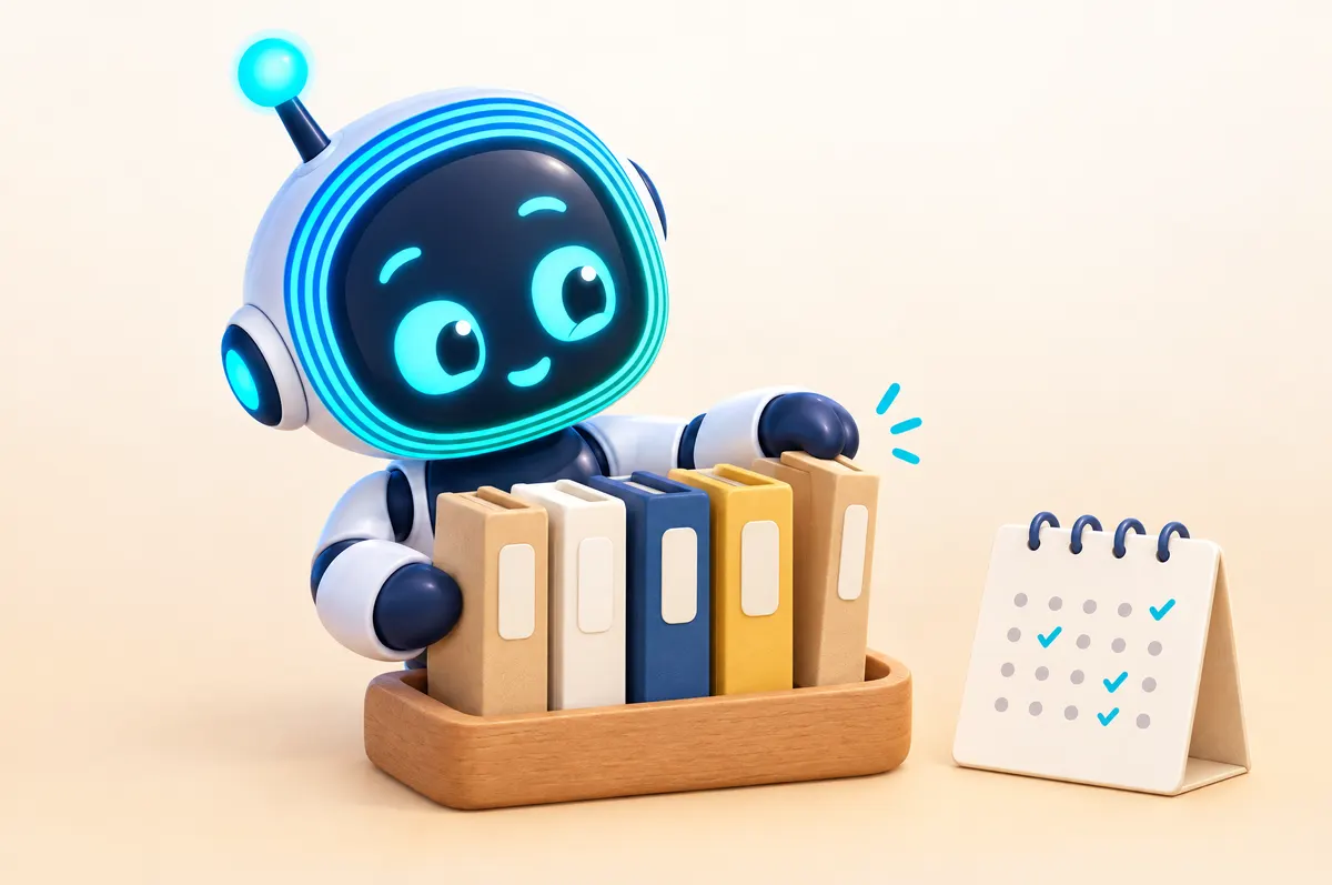 Cartoon: the O-bot robot lines up coloured case folders in a wooden tray beside a small desk calendar with check marks.