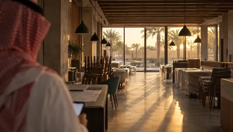 Over-the-shoulder view of a Saudi owner in a shemagh holding a glowing phone in his empty restaurant under fit-out.