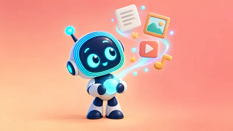 3D cartoon: O-bot holds a glowing orb that unfolds into a page, a picture frame, a play button and a music note.