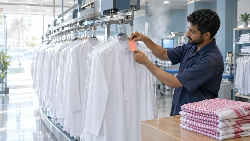 A laundry worker pins a ticket to a pressed white thobe on a long rail of thobes in clear sleeves.