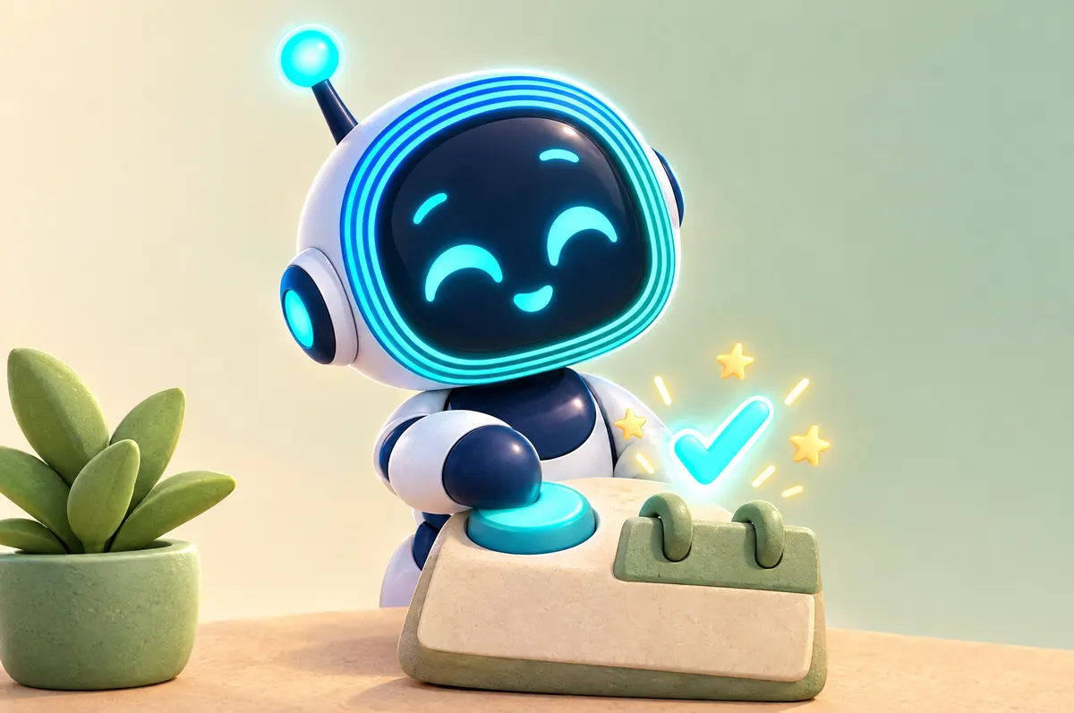 رسم ثلاثي الأبعاد قريب لـO-bot يضغط زرًا على بطاقة تقويم فتظهر علامة صح مضيئة.