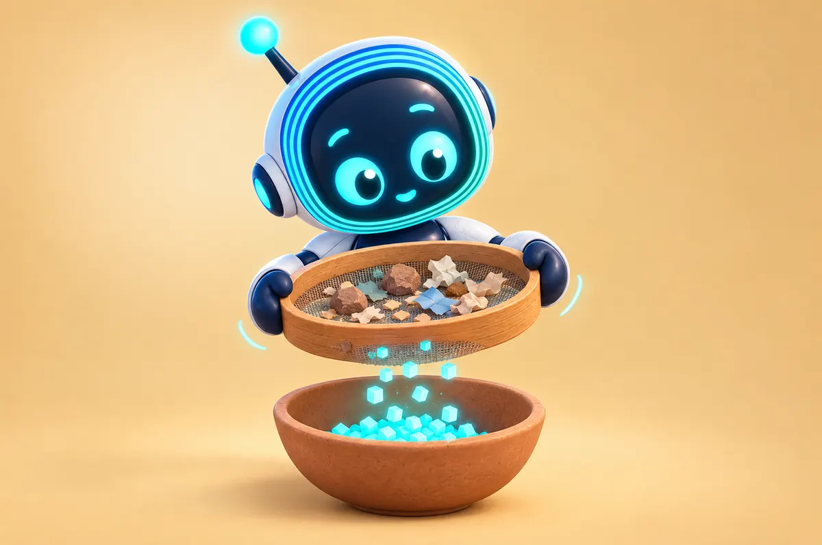 3D cartoon: O-bot shakes a sieve so even glowing cubes fall into a bowl while broken pieces stay on the mesh.