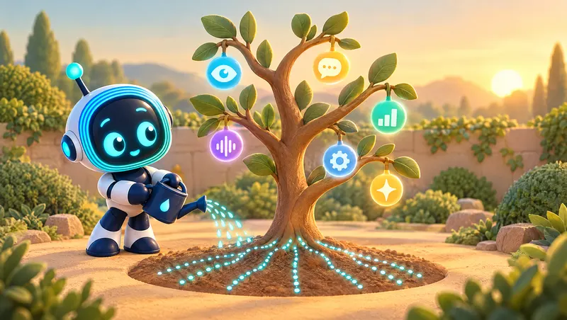 3D cartoon: O-bot waters a young tree whose branches carry glowing icons for vision, language, charts, sound and creation.