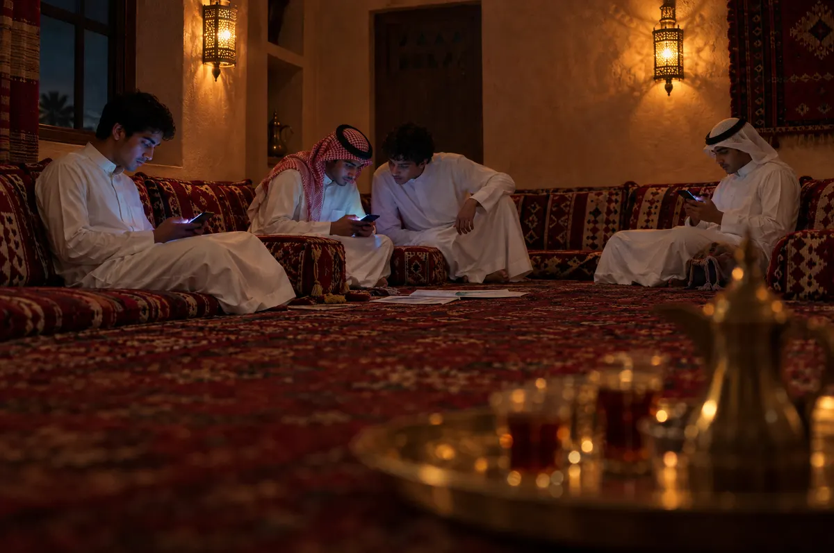 شباب سعوديون بالثياب يجلسون على مساند في مجلس ليلًا، وكل منهم منشغل بهاتف مضيء.