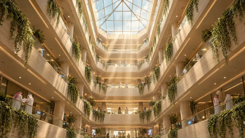 A sunlit modern office atrium with plant-draped galleries rising to a glass skylight and small figures on each floor.