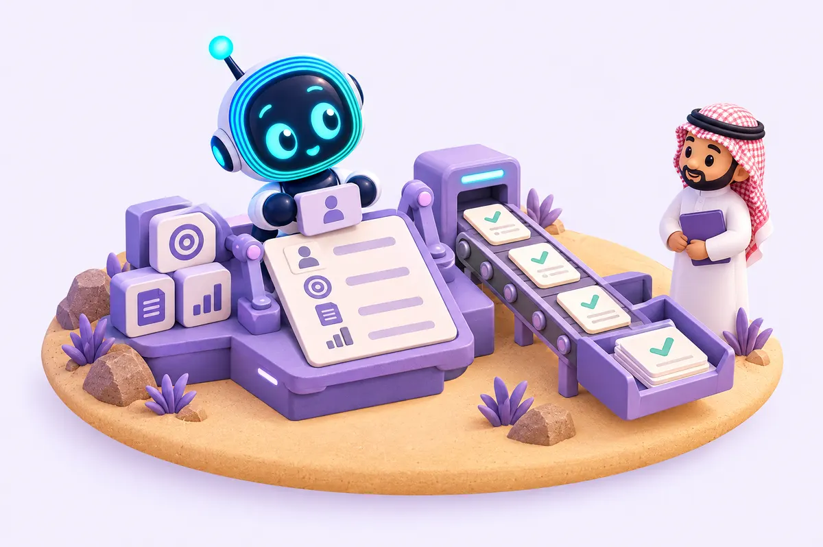 Isometric 3D diorama: O-bot assembles a blank card from icon blocks while a Saudi worker waits at a counter.